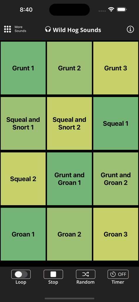 Wild Hog Sounds - Interface of the Wild Hog Sounds mobile app showing a soundboard with grunt squeal and groan buttons