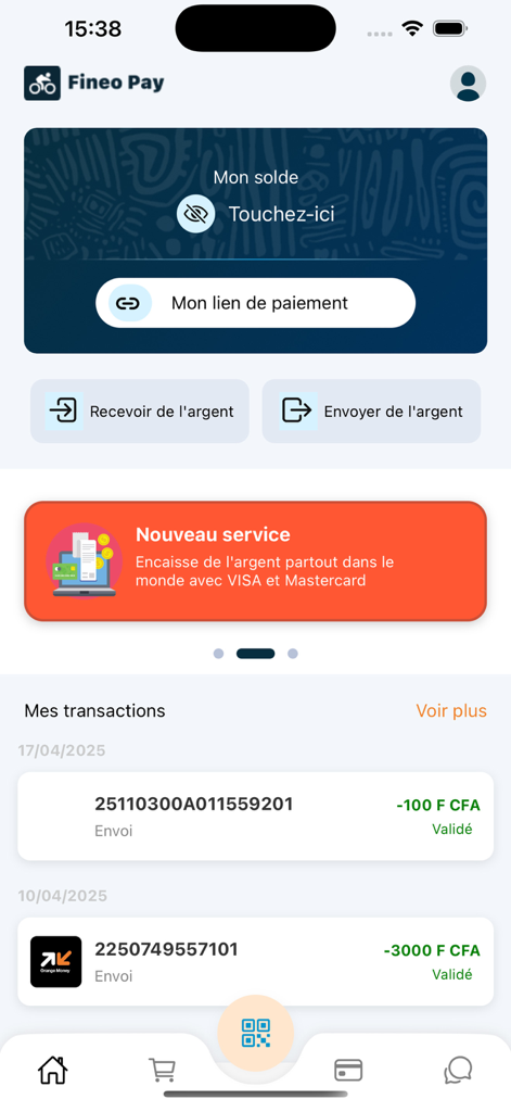 Fineo Pay - Dashboard of the Fineo Pay mobile app showing account balance and recent transactions