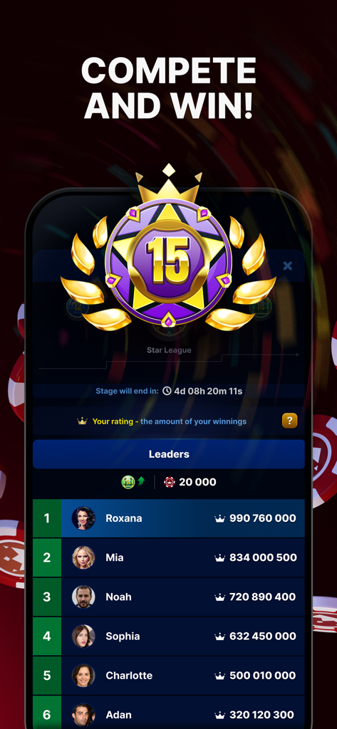 Una tabla de clasificación de competición en la aplicación Domino Online 3D que muestra las clasificaciones de los jugadores y las puntuaciones de la liga.