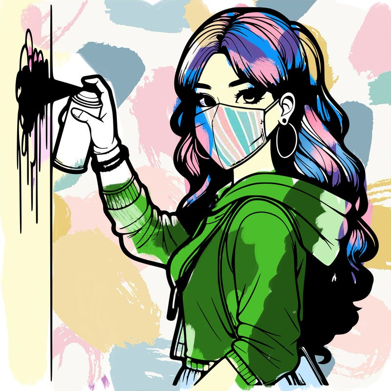 realistic girl with mask spray painting a wall