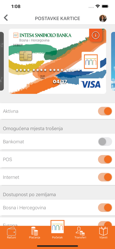 m-Intesa mobile app interface showing debit card management and security controls