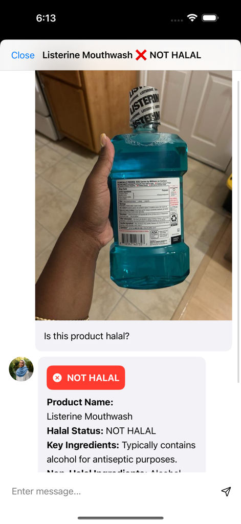 Halal Check AI scanner app showing a Not Halal result for a mouthwash bottle scan due to alcohol ingredients.