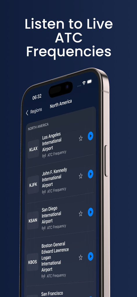 Air Traffic Control - Live ATC - KLAX 및 KJFK를 포함한 주요 미국 공항의 실시간 항공 교통 관제 주파수 목록을 표시하는 iPhone 화면.