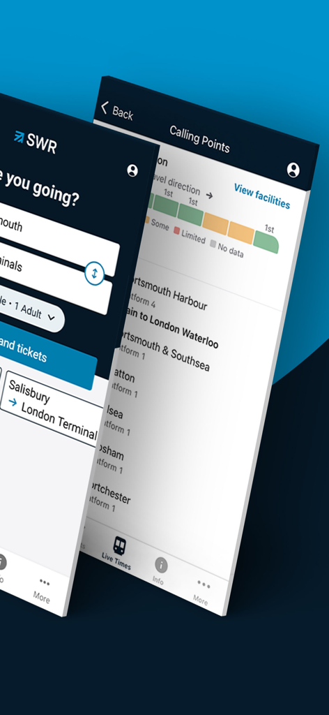 South Western Railway - Ecrãs da aplicação SWR mostrando a reserva de bilhetes de comboio e informações de viagem em tempo real