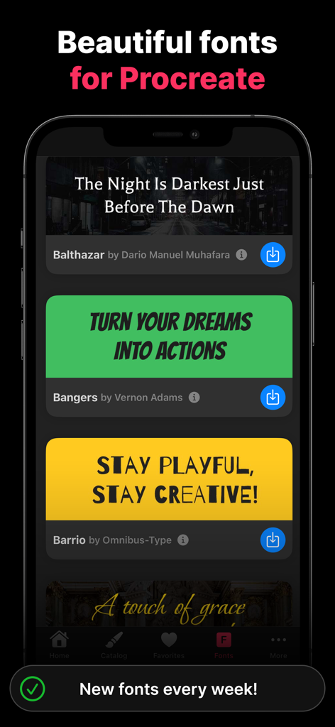 Artist Brushes 앱 내 디지털 레터링 및 디자인을 위한 다양한 글꼴 라이브러리.