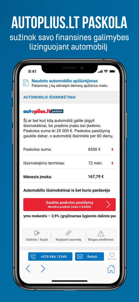 Captura de ecrã do calculador de empréstimo de carro da aplicação móvel Autoplius mostrando detalhes de prestações mensais
