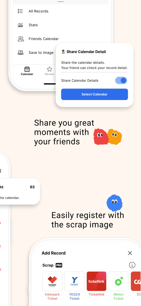 PL@Y2 app interface showing social sharing options and easy ticket registration via scrap images