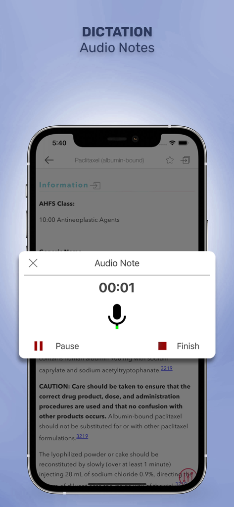 Handbook on Injectable Drugs - A mobile interface showing the dictation and audio notes feature while viewing a drug monograph