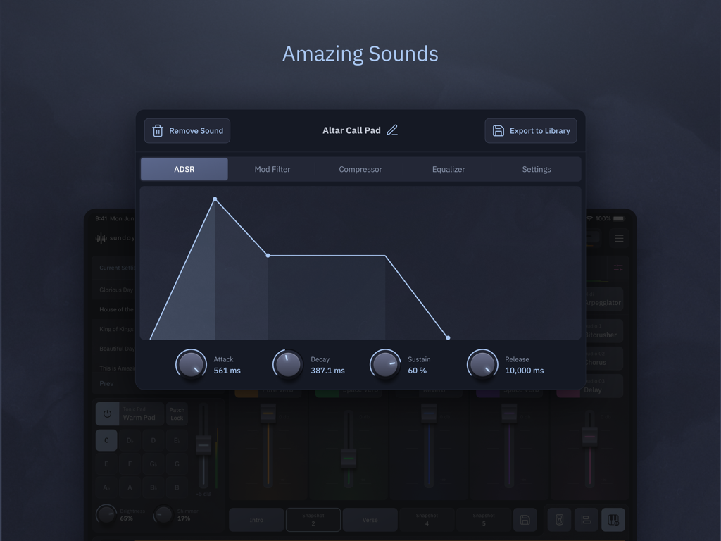 Sunday Keys - iPad interface of Sunday Keys showing ADSR envelope controls for an Altar Call Pad sound