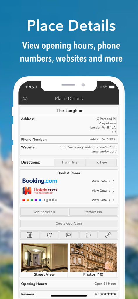 iMaps+ for Google Maps - iMaps plus navigation app place details screen with contact information and hotel booking links