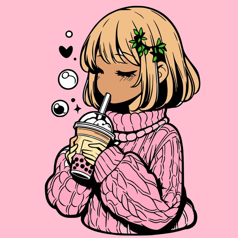 manga girl drinking boba in cozy sweater