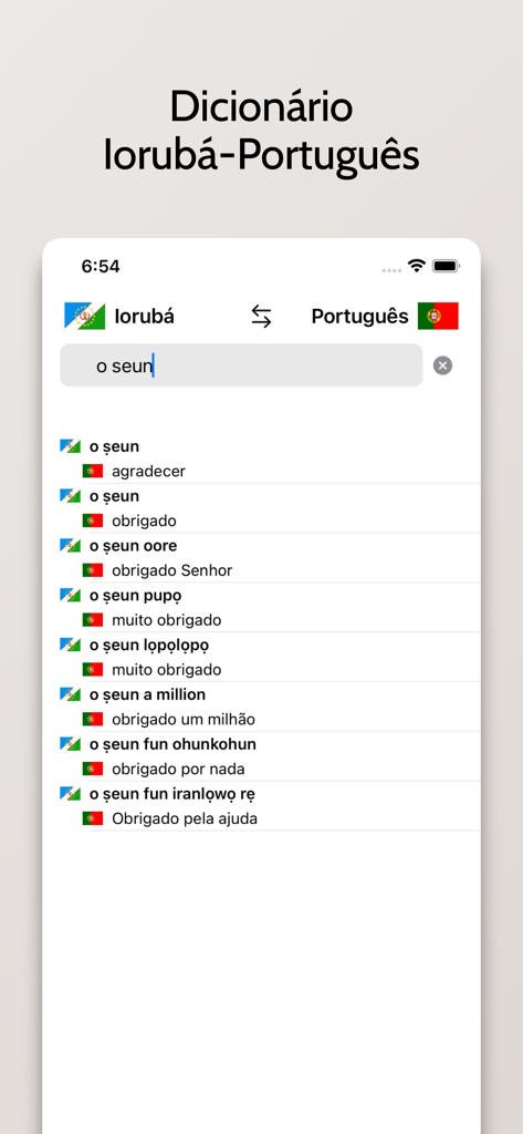 Dicionário Iorubá-Português - Una captura de pantalla de la aplicación de diccionario yoruba-portugués que muestra los resultados de la búsqueda de la frase o seun con múltiples opciones de traducción.