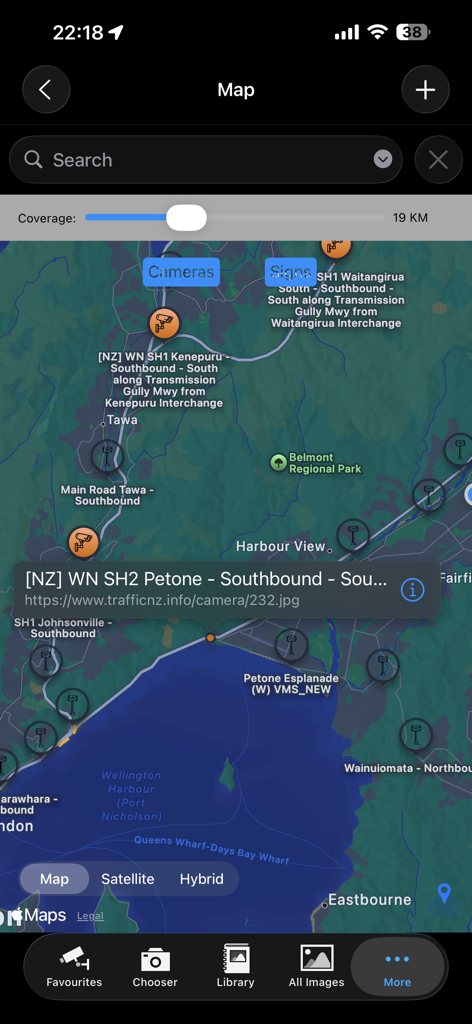 Map view of TrafficCamNZ app showing locations of traffic cameras with a selected camera detail popup