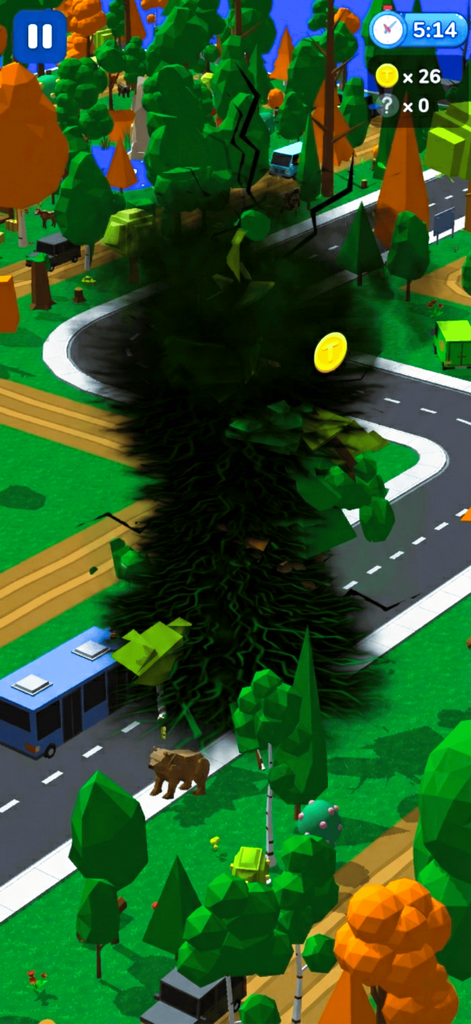 A large dark tornado swallowing trees and a blue bus in a colorful 3D low poly city environment