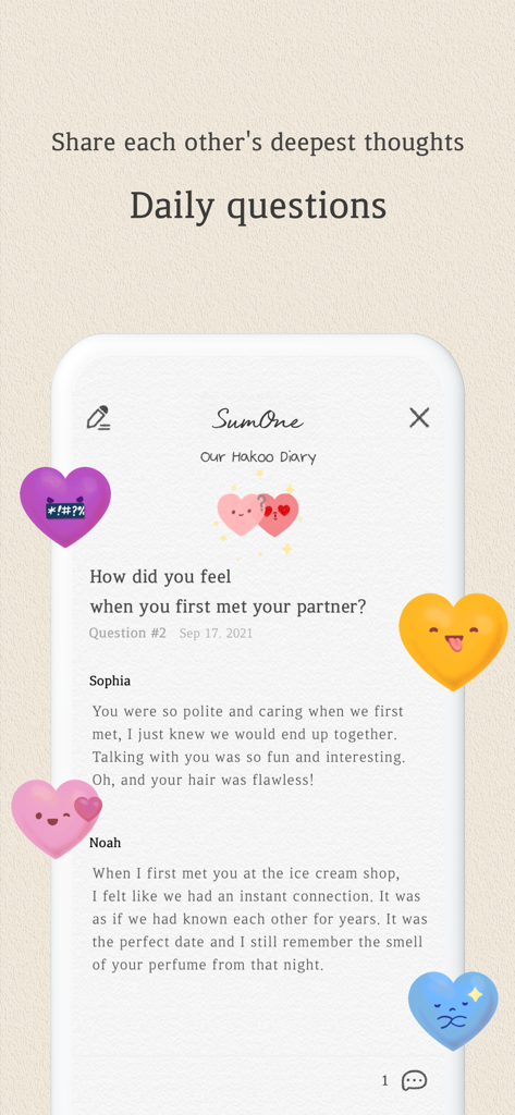 Screenshot of the SumOne app showing the Daily Questions feature where a couple shares their thoughts on how they first met.