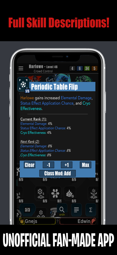 Skill Tree for Borderlands 4 - Detailed skill description for Harlowe in the Borderlands 4 skill tree planner app.