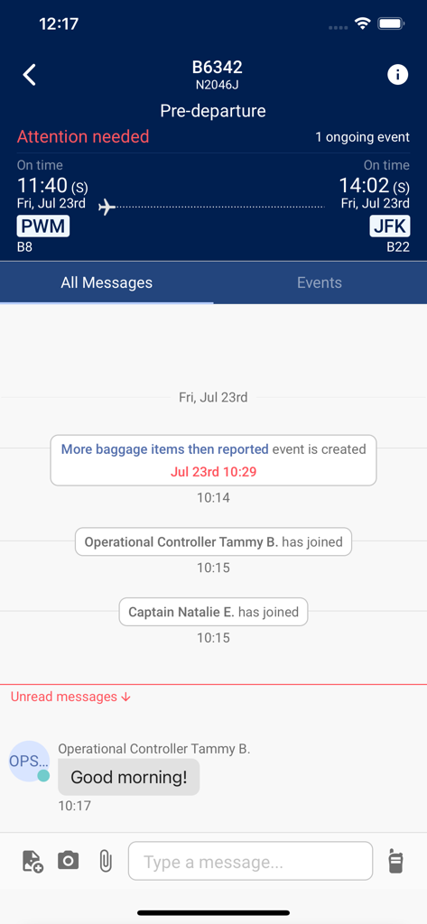 Frequency Communications app interface showing a pre-departure flight chat and operational event log for airline staff.