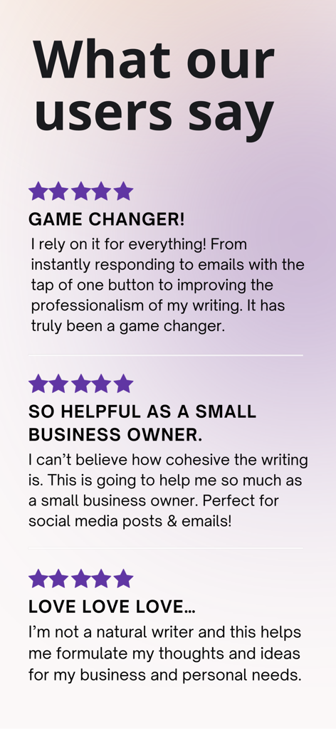 Five star user reviews and testimonials for ParagraphAI writer and keyboard app highlighting professional writing and business productivity.