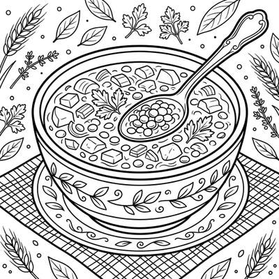 Indulge in a delightful coloring experience with our heartwarming lentil soup template, specially designed for seniors. This detailed page offers large, clear outlines for a relaxing and engaging artistic activity.