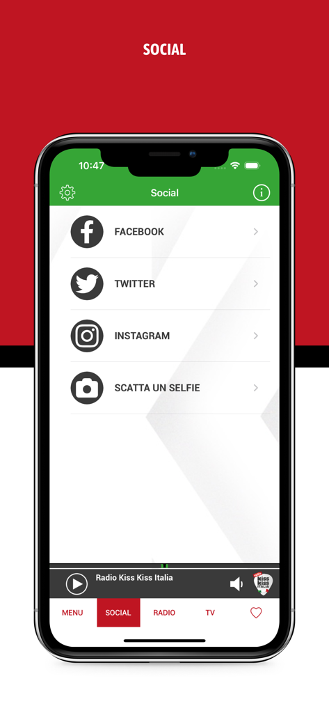 Kiss Kiss Italia - Social media screen of the Kiss Kiss Italia radio app featuring links to Facebook Twitter and Instagram