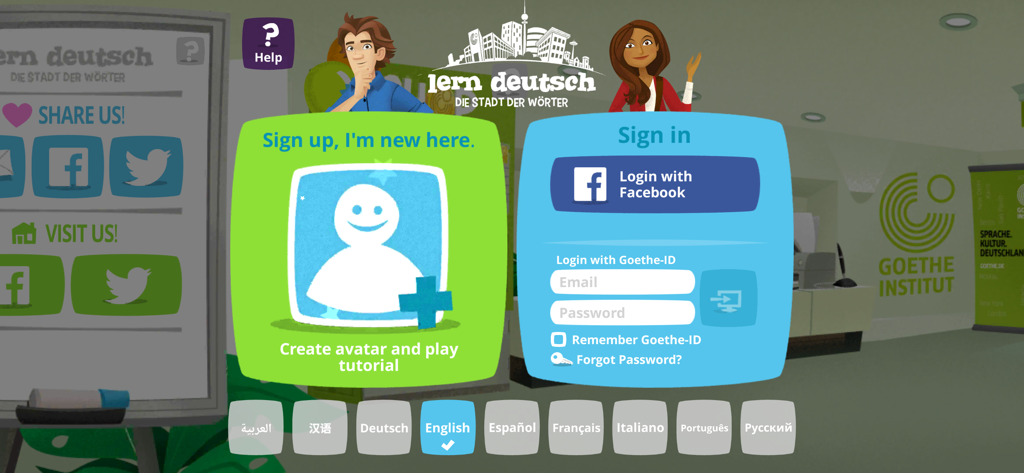 Lern Deutsch - Sign up and sign in screen for the Lern Deutsch Die Stadt der Worter mobile app