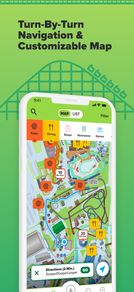 Hersheypark - Hersheypark mobile app interface showing an interactive park map with turn by turn navigation and ride wait times