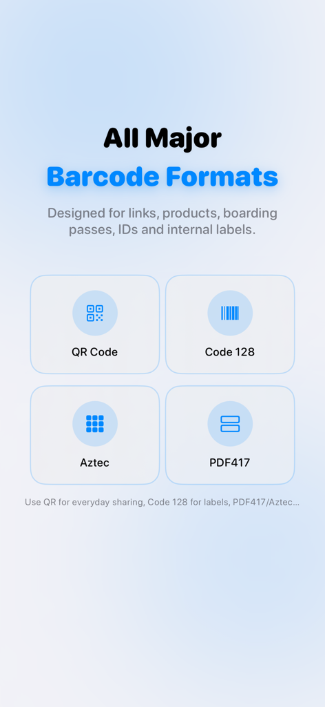 Barcode Generator And QR - Oberfläche, die unterstützte Barcode-Formate anzeigt, darunter QR-Code, Code 128, Aztec und PDF417.