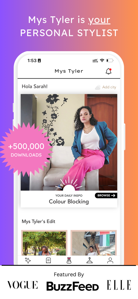 Mys Tyler: Fashion that fits - Schermata mobile dell'app di moda Mys Tyler che mostra consigli di stile personali e ispirazione moda per corpi reali con oltre 500.000 download