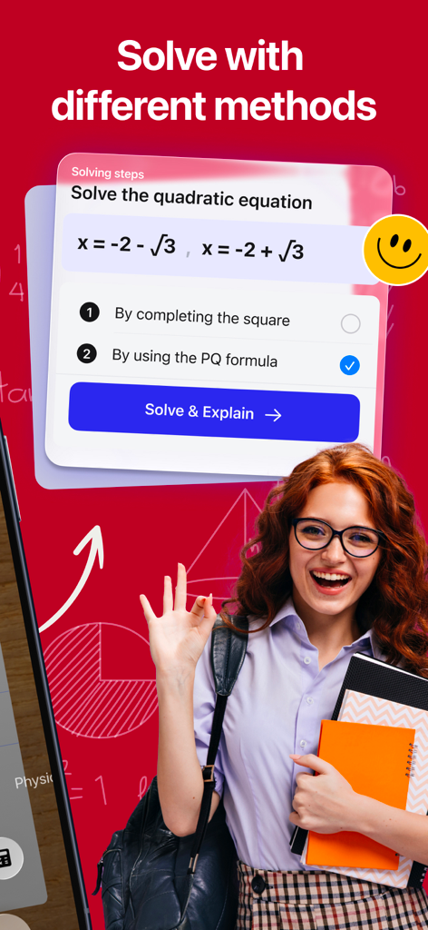 MathGPT Math Solver & Homework - MathGPT app interface showing a quadratic equation solution with options for different solving methods alongside a happy student holding notebooks