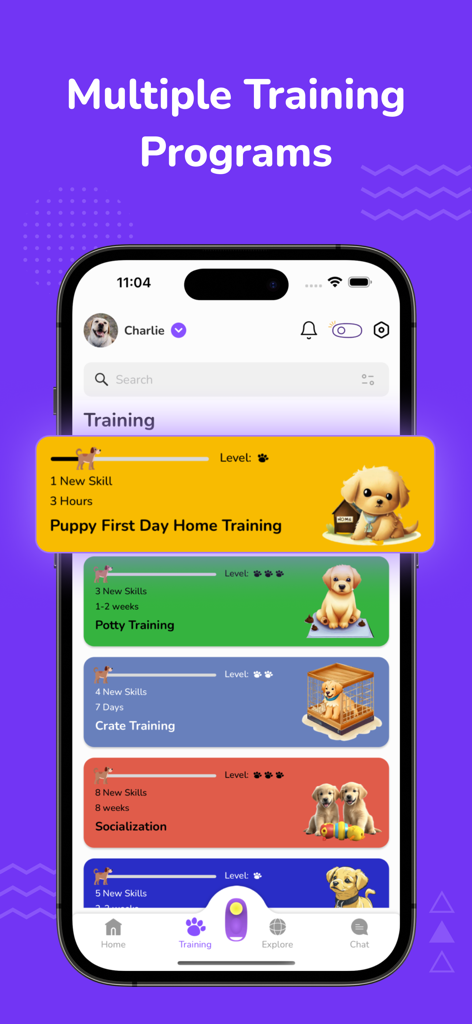 Dog Training App: Train My Dog - Uma tela de smartphone do aplicativo Dog Training App mostrando vários módulos de treino como Treinamento para ir ao Banheiro, Treinamento na Caixa e Socialização com barras de progresso e ilustrações de cães.