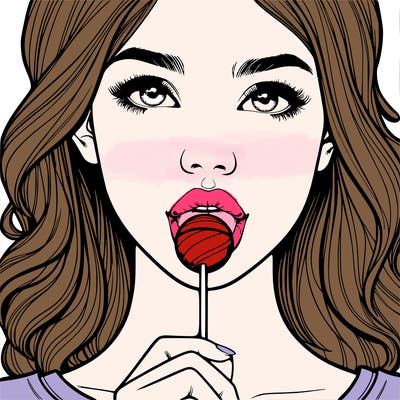 a realistic girl with a lollipop in her mouth