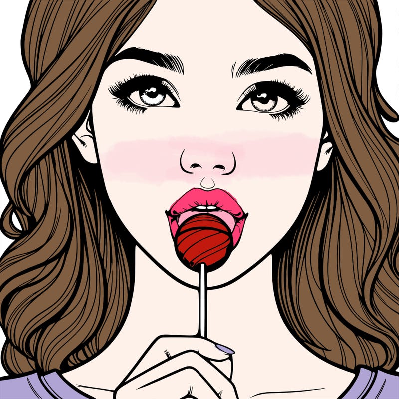 a realistic girl with a lollipop in her mouth