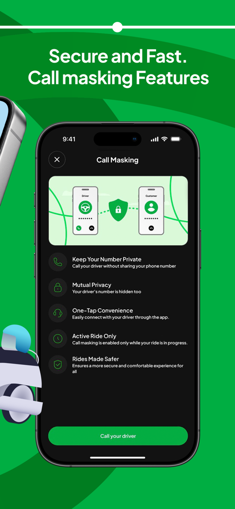 Interfaz de Avas App mostrando la función de enmascaramiento de llamadas para la privacidad del pasajero y el conductor