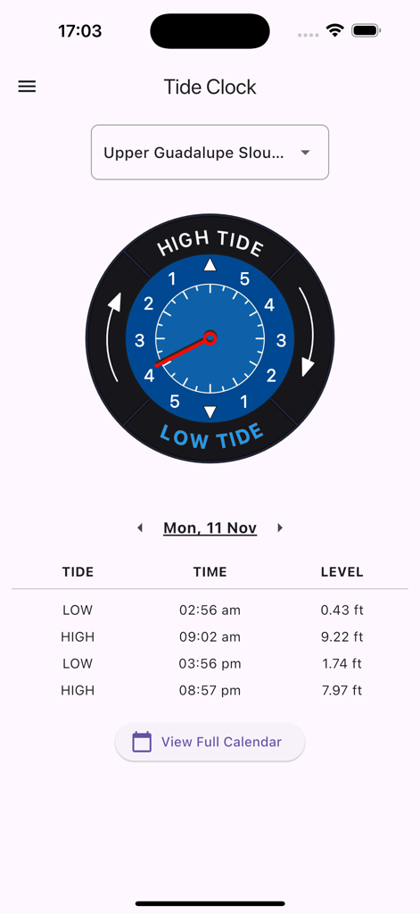 A circular tide clock visual above a table listing daily high and low tide times