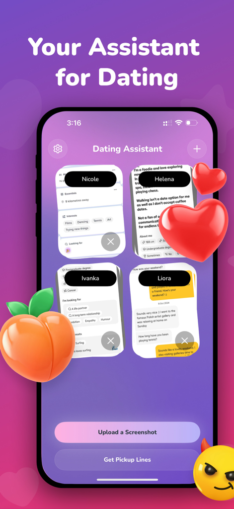 AI Dating Assistant & Rizz App - AI Dating Assistant app interface showing options to upload screenshots of profiles and chats to generate pickup lines and conversation advice