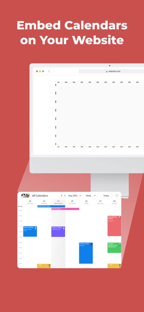 Funktion der GroupCal-App, die zeigt, wie ein gemeinsamer Kalender auf einer Geschäftswebsite eingebettet werden kann