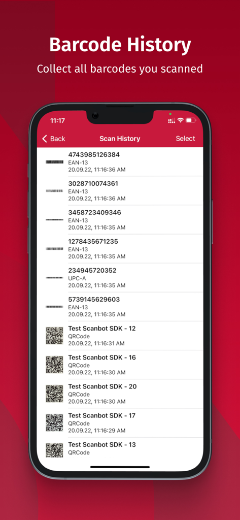 Scanbot SDK app showing a list of scanned barcodes and QR codes in the history view