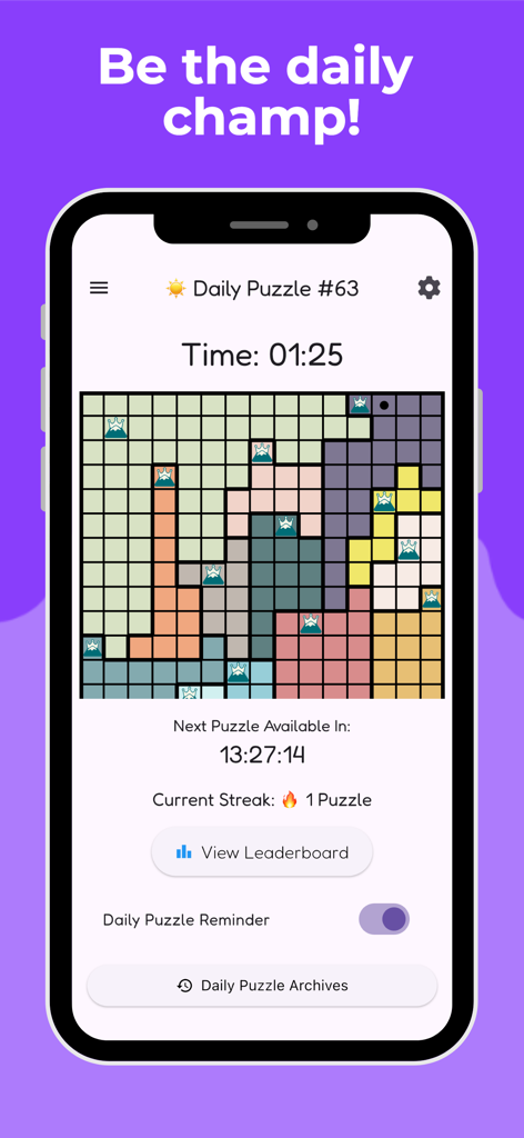 Smartphone showing the daily puzzle screen in the Crowns Logic Game app with a grid and leaderboard button