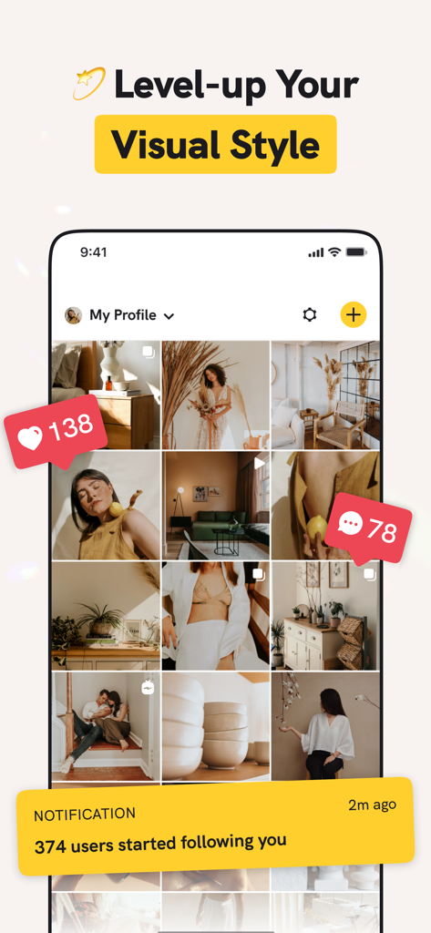 A mockup of the InView app displaying a curated aesthetic Instagram grid with a follower growth notification.