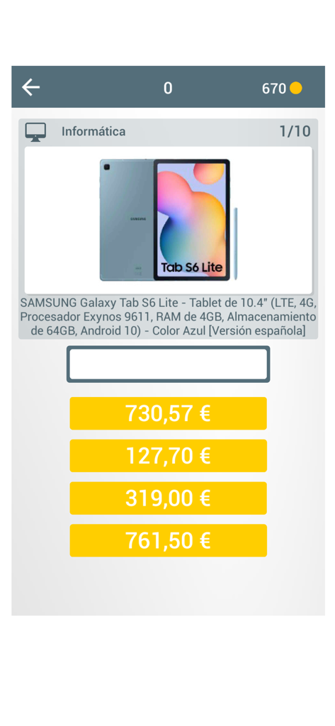 Une capture d'écran du jeu Le Juste Prix montrant une question à choix multiples pour deviner le prix d'une tablette Samsung Galaxy.
