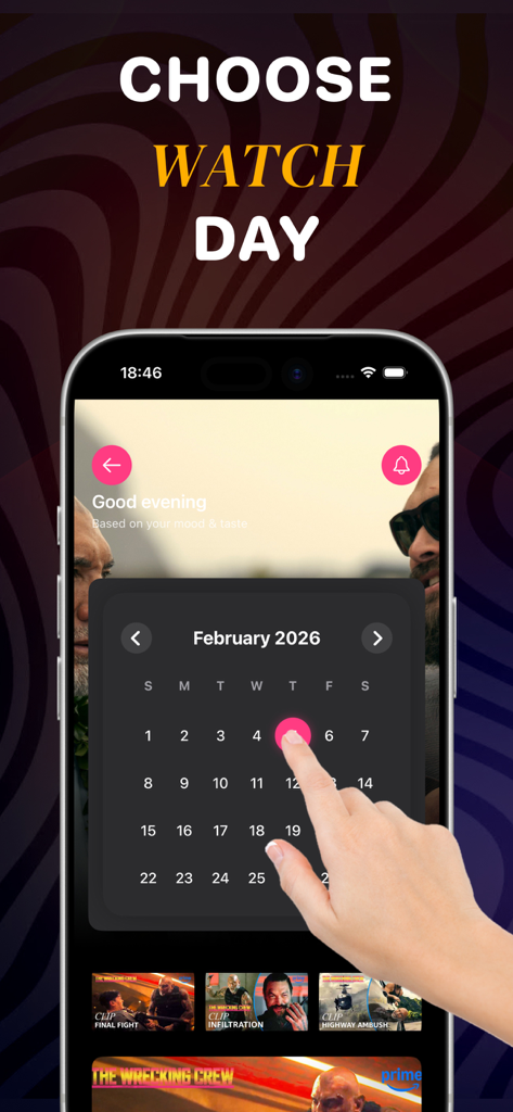 Interface de l'application Streamex montrant un calendrier pour sélectionner une date pour une soirée cinéma