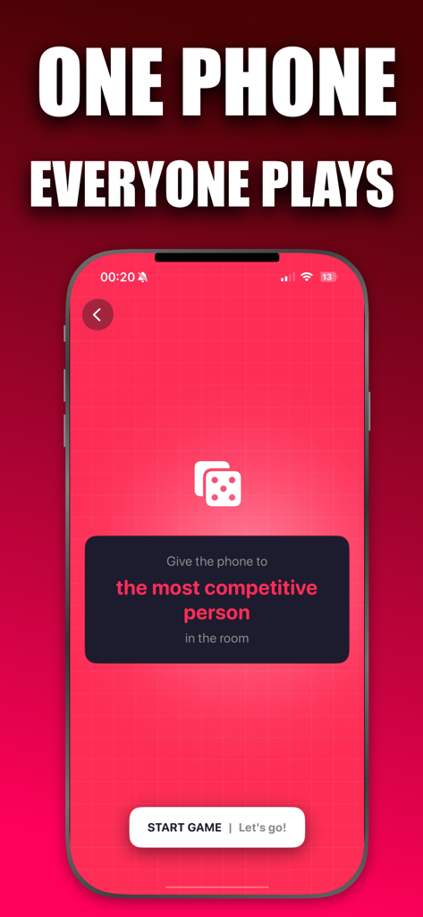 Imposter Game - Party Zone - Pantalla de la app Imposter Game Party Zone que muestra la función de jugar con un solo teléfono para juegos de deducción social