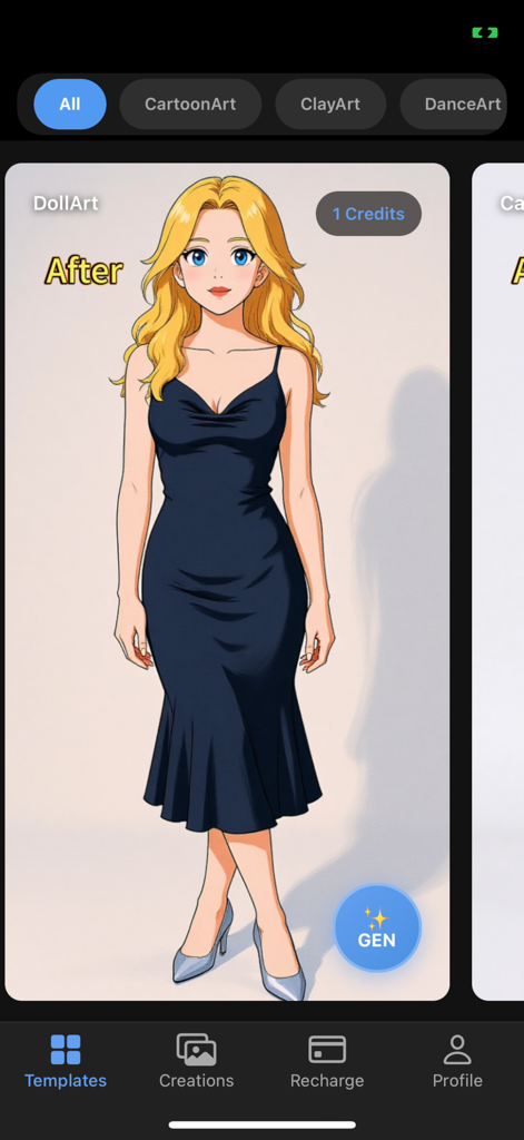 SirenAIアプリのインターフェースで、黒いドレスを着た女性のアニメ風の変身を示すDollArtテンプレートが表示されています。