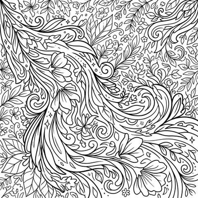 Discover a mesmerizing coloring page where the energy of spring meets dynamic flowing patterns, transformed into lush floral and leafy designs. Immerse yourself in the intricate details of blooming flowers and verdant sprouts, ready for your artistic touch.