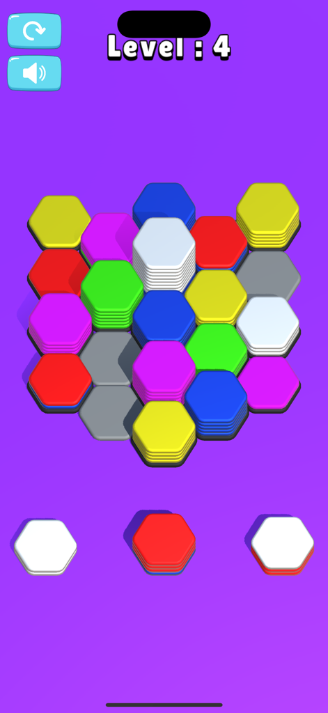 Hexa Sort Game - A mobile game interface showing colorful hexagonal tiles stacked in a puzzle grid on a purple background