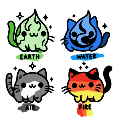 4 cats that represent the different elements, earth, water, air, and fire