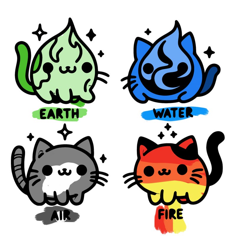 4 cats that represent the different elements, earth, water, air, and fire
