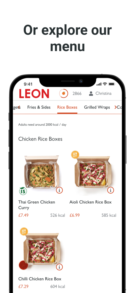 LEON Club: Order & Loyalty - A mobile interface of the LEON Club app displaying a variety of healthy chicken rice boxes with nutritional information.