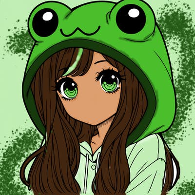 a pretty girl wearing a frog hoodie portrait with long hair