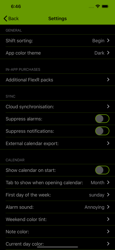 FlexR (Shift planner) - Einstellungen-Bildschirm der FlexR Schichtplaner-App mit Optionen für Synchronisation, Kalenderanpassung und Dunkelmodus.
